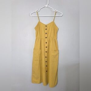 Mustard Yellow Midi Dress Small | Linen Blend | Spaghetti Strap | Button Front |